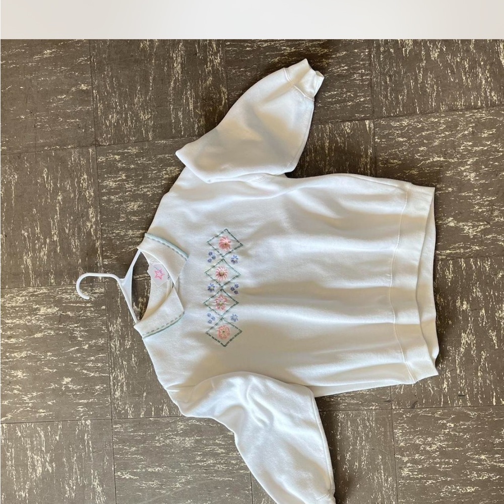 White Sweatshirt with Embroidered Floral Design